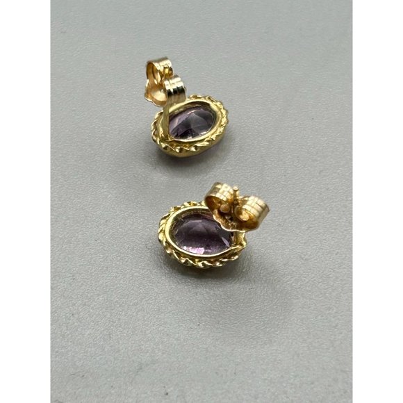 Vintage 14K Gold and Amethyst Earrings Studs Oval Bezel Sets Genuine Gemstones - Picture 8 of 9